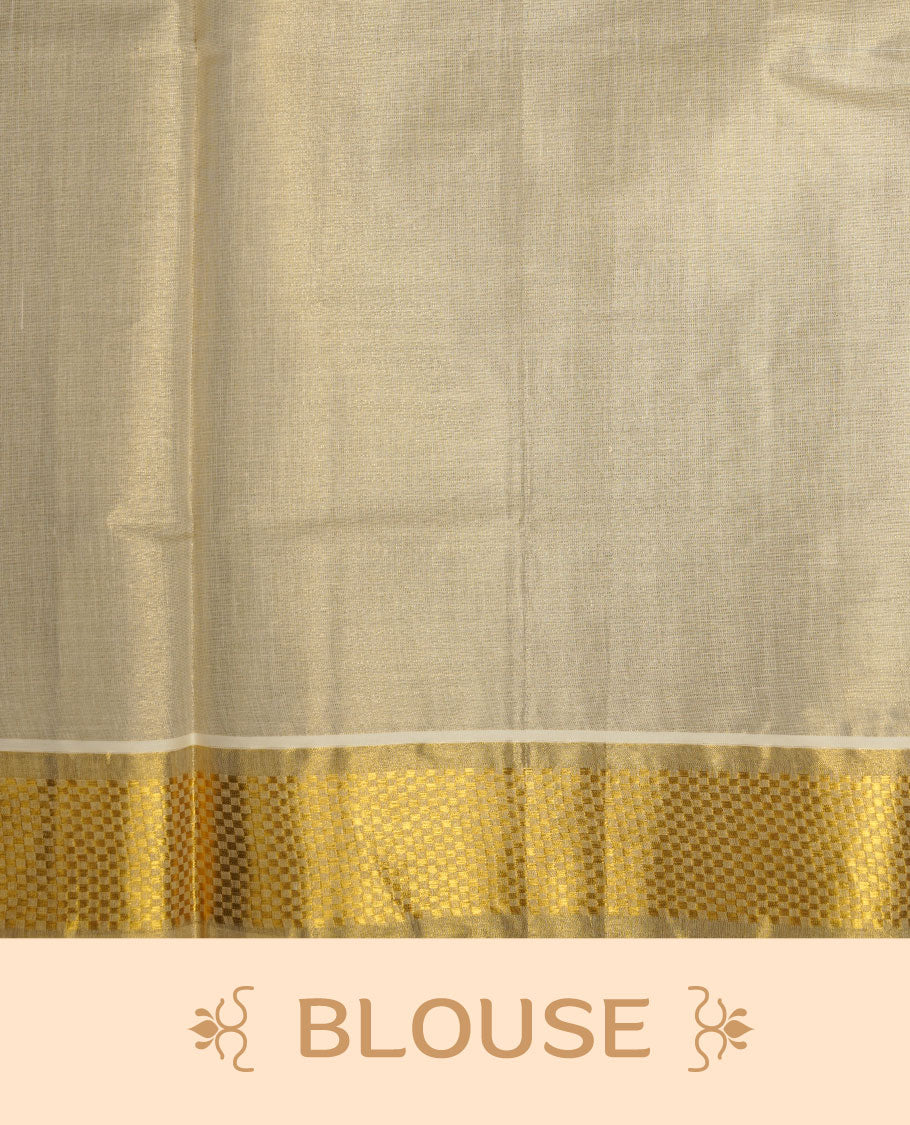 Light gold tissue Kerala saree featuring a softly shimmering body with delicate gold zari buttas, a refined kasavu border, and an intricately woven traditional pallu, paired with a matching blouse.