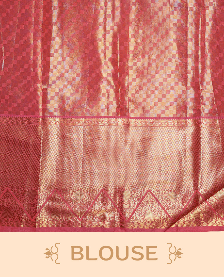 Gold colour tissue brocade saree with gold and silver zari floral pattern on body, gold zari traditional Piramide & thilakam work Blush Pink border, rich matching pallu with Antique zari motifs, paired with matching blouse.