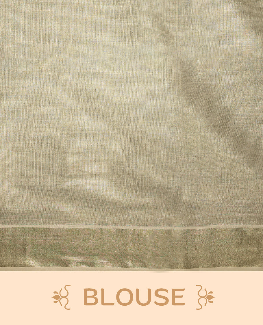 Light Gold colour Tissue Kerala saree featuring Plain body and a beautifully woven light Gold Kasavu border, paired with a matching blouse perfect for festive occasions.