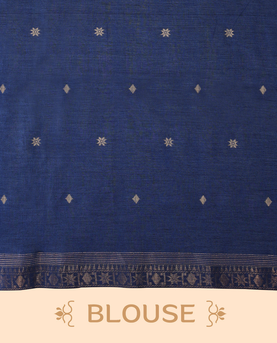 Deep Blue colour soft khadi cotton saree with Beige Zari motifs on the body, detailed woven Gold zari border, paired pallu with tussles, with matching blouse.