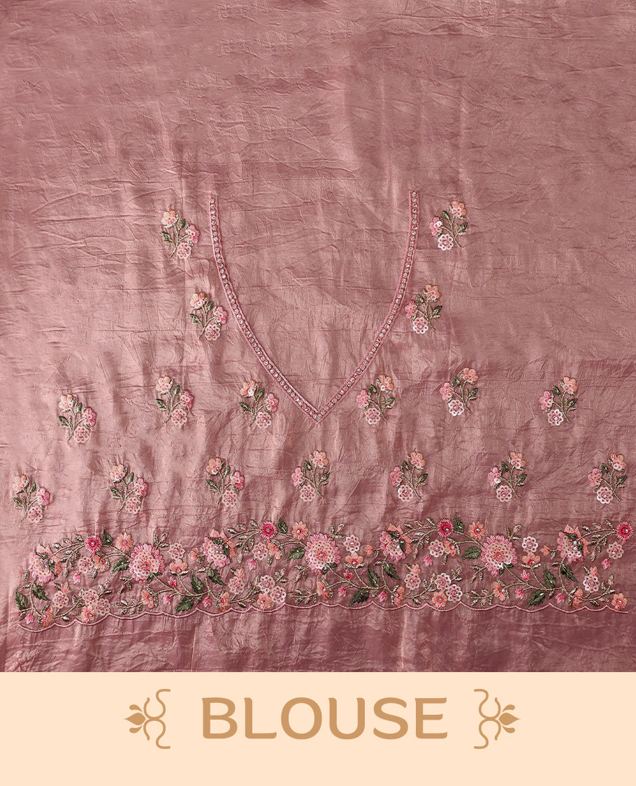 Pastel Pink Crush Soft Silk saree featuring Floral Thread Works on the body, complemented by delicate floral embroidery border and a matching blouse.