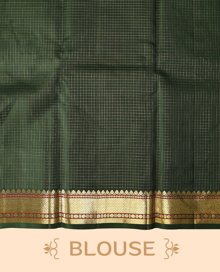 Dark green Colour traditional Kancheepuram silk saree adorned with an antique zari grid pattern and small golden Floral motifs on the body, featuring a border with paisley and Rudraksham motifs, and paired with a matching blouse.