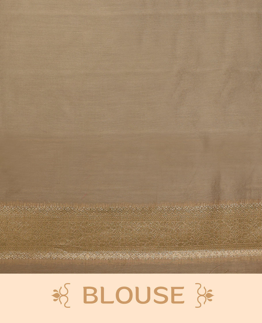 Beige colour pure Banarasi Chanderi cotton, beautifully adorned with traditional antique zari Cross Kodi designs across the body, completed with a hand-dyed colour, a traditional border, and a matching blouse.