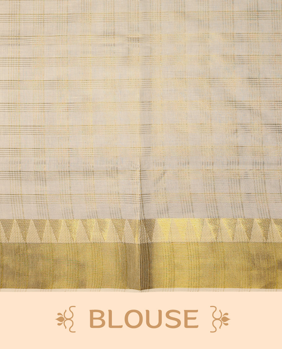 Kerala cotton saree with golden triangle border detailing and subtle checks with Matching Blouse
