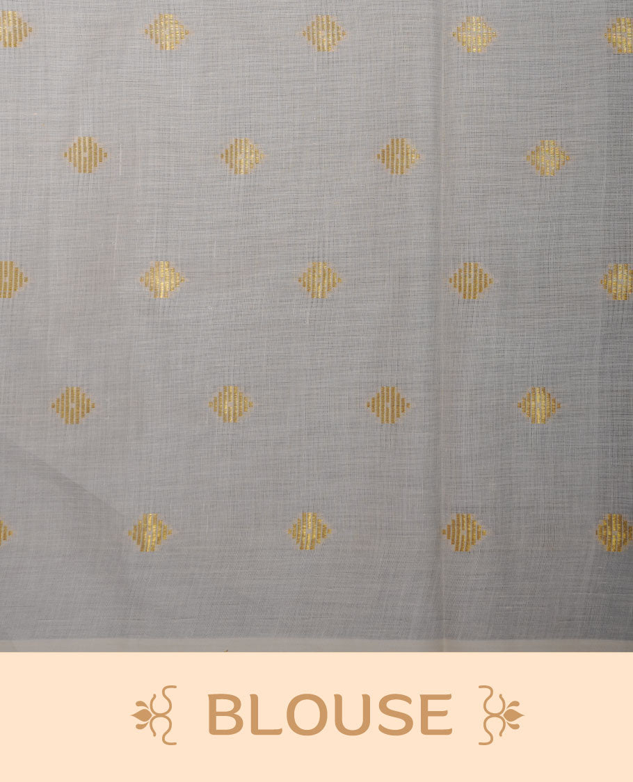 Off-white colour cotton Kerala saree featuring delicate gold butti motifs across the body and pallu, finished with a subtle gold border and tasselled pallu, paired with a matching blouse.