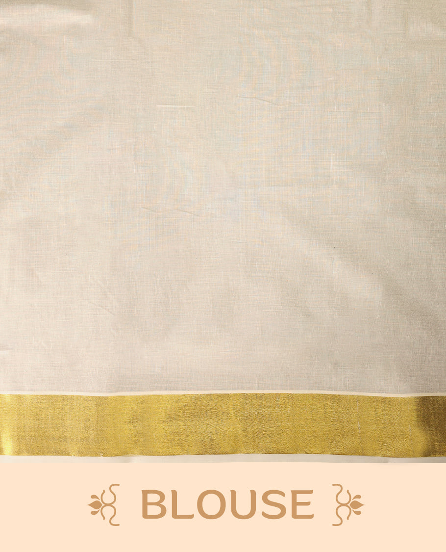 Elegant off white colour cotton Kerala saree featuring Plain body, Gold Kasavu border with Mango Motifs, rich pallu with temple motifs, Paired with matching blouse offering a classic and graceful look, paired with a matching blouse.