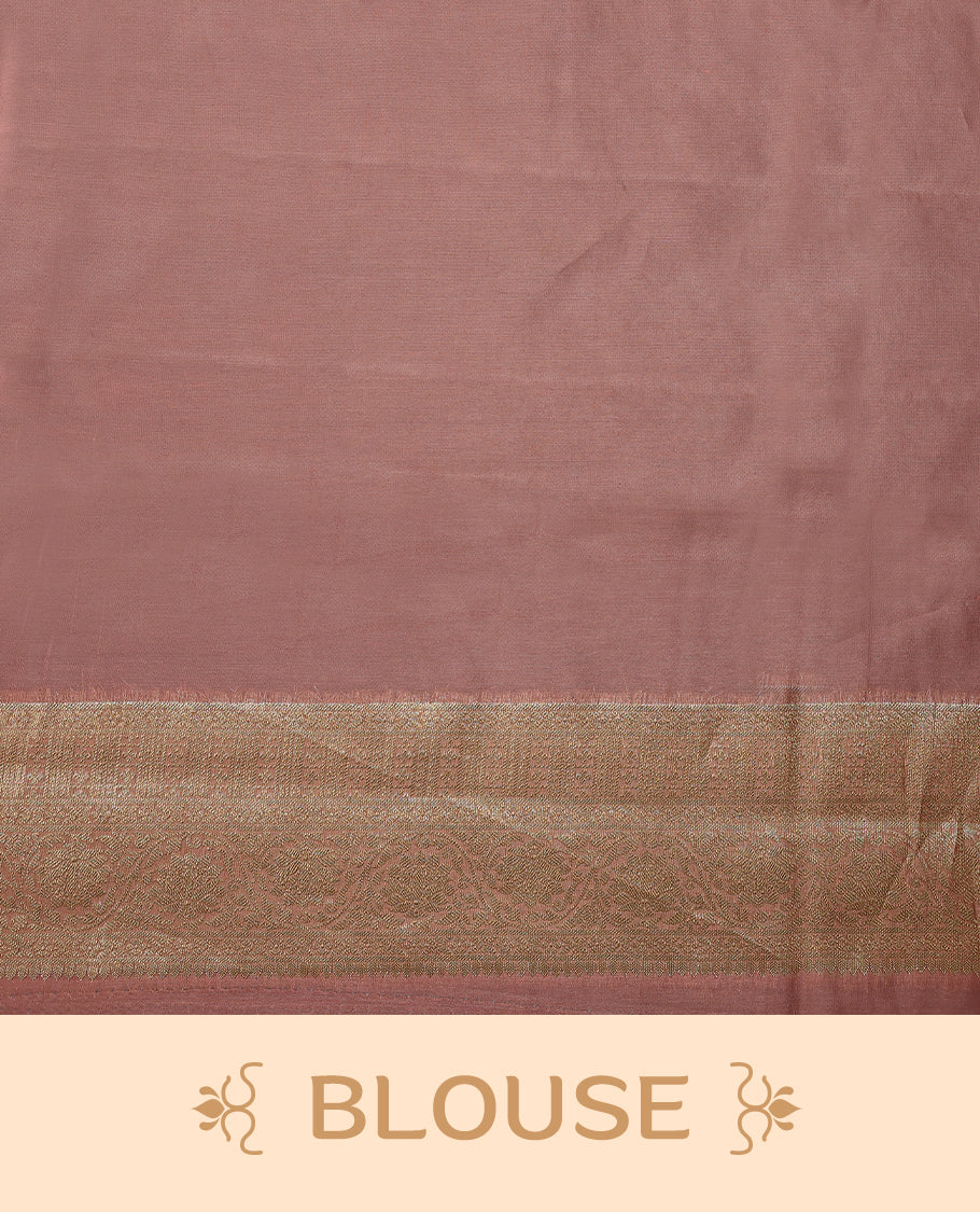 Onion Pink colour pure Banarasi Chanderi cotton, beautifully adorned with traditional antique zig zag Kodi designs across the body, completed with a hand-dyed colour, a traditional border, and a matching blouse.