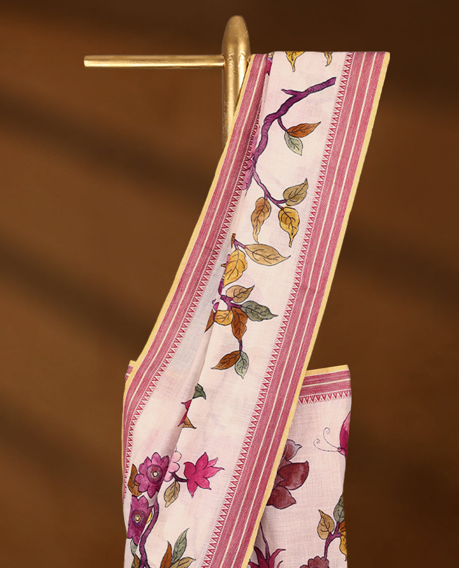 Off-white Colour lightweight khadi cotton saree featuring earthy-coloured digital floral kodi prints on the body and pallu, paired with a matching blouse.