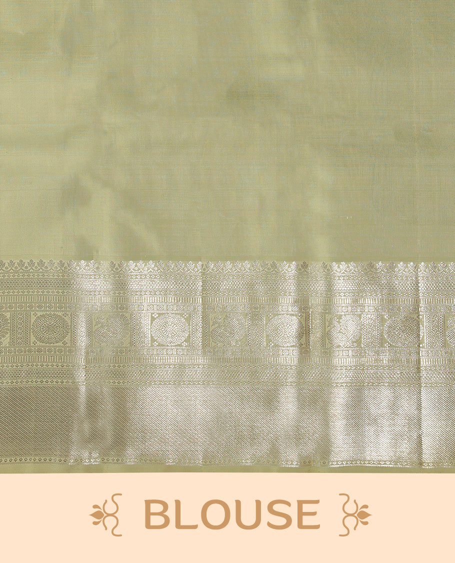 Royal Purple traditional Kancheepuram silk saree featuring antique zari check patterns with peacock and chakkram motifs on the body, a coordinated peacock and chakkram design on the border, and a matching Contrast blouse.