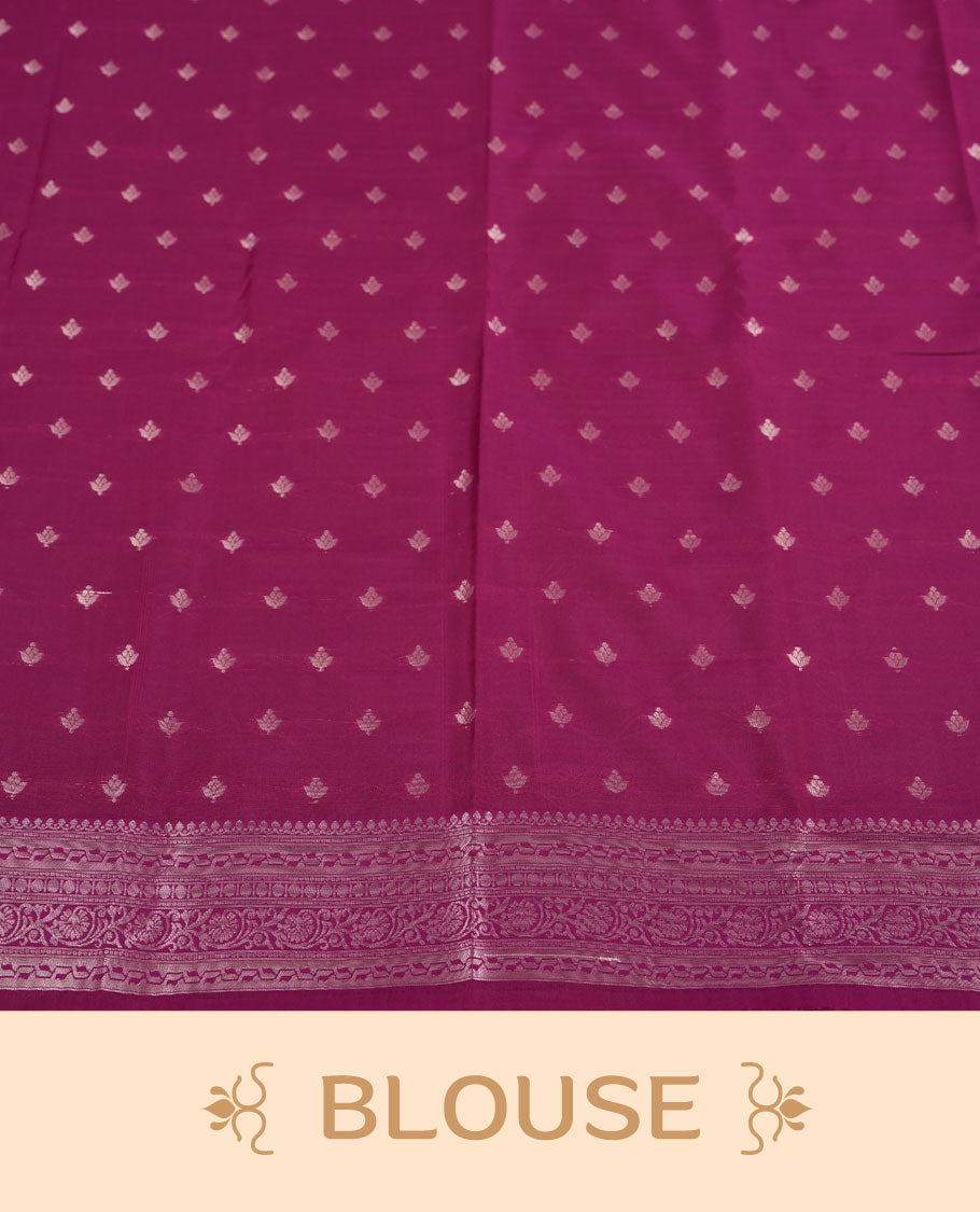 Blush Pink colour Semi Silk Saree with Allover Subtle Floral Self-Weave on the Body, Contrasting Plum Purple Zari Woven Pallu and Border Featuring Intricate Geometric Motifs and Tassels, Paired with Coordinated Blouse Piece