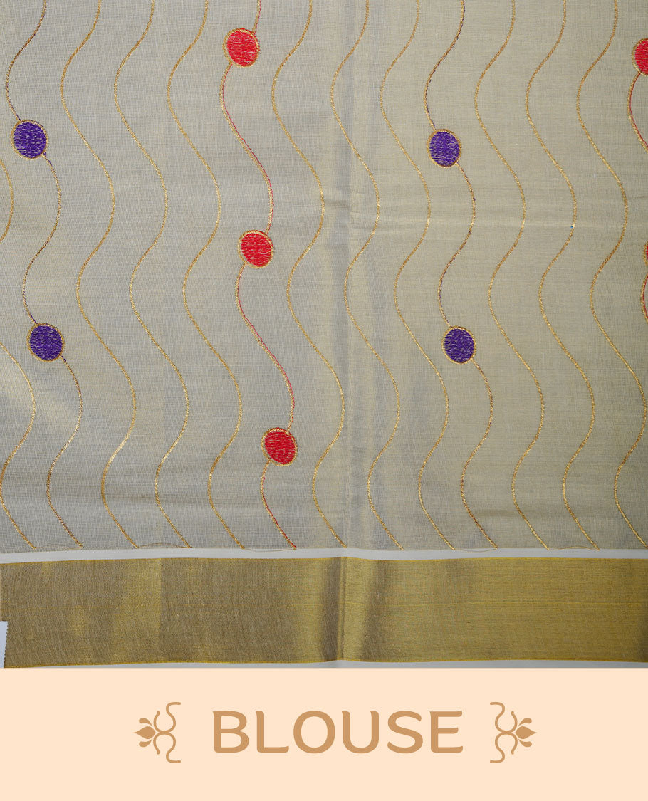 Off white colour cotton Kerala saree with wavy zari lines and colourful red and purple motifs, complemented by a classic golden zari border and matching blouse.