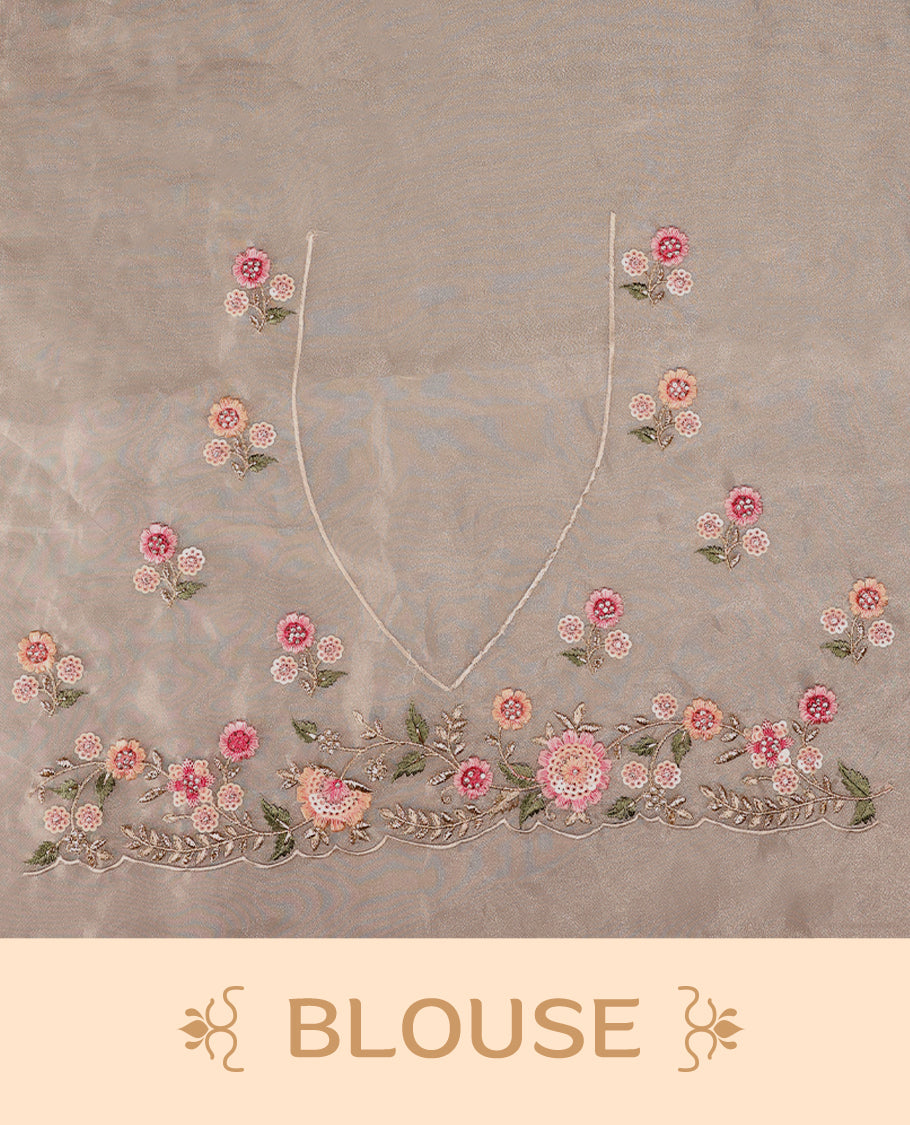 Dusty Rose Crush Soft Silk saree featuring Floral Thread Works on the body, complemented by delicate floral embroidery border and a matching blouse.