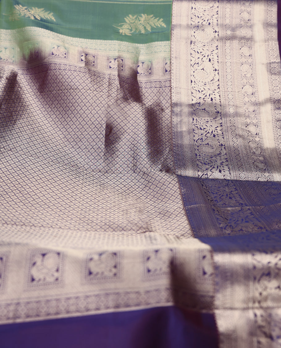Green and Blue Double Shade Vasundhara Silk Saree having Thread Work in Body with Contrast Border and Blouse