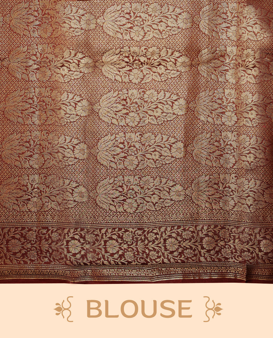 Mustard colour pure Banarasi Chanderi cotton fabric, featuring traditional antique zari buttas on the body, complemented by a traditional Maroon Colour border and a matching blouse.