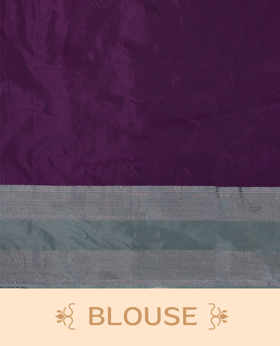 Regal purple Colour semi silk saree showcases a delicate silver zari check pattern, paired beautifully with a contrasting Ash Green border and a matching blouse
