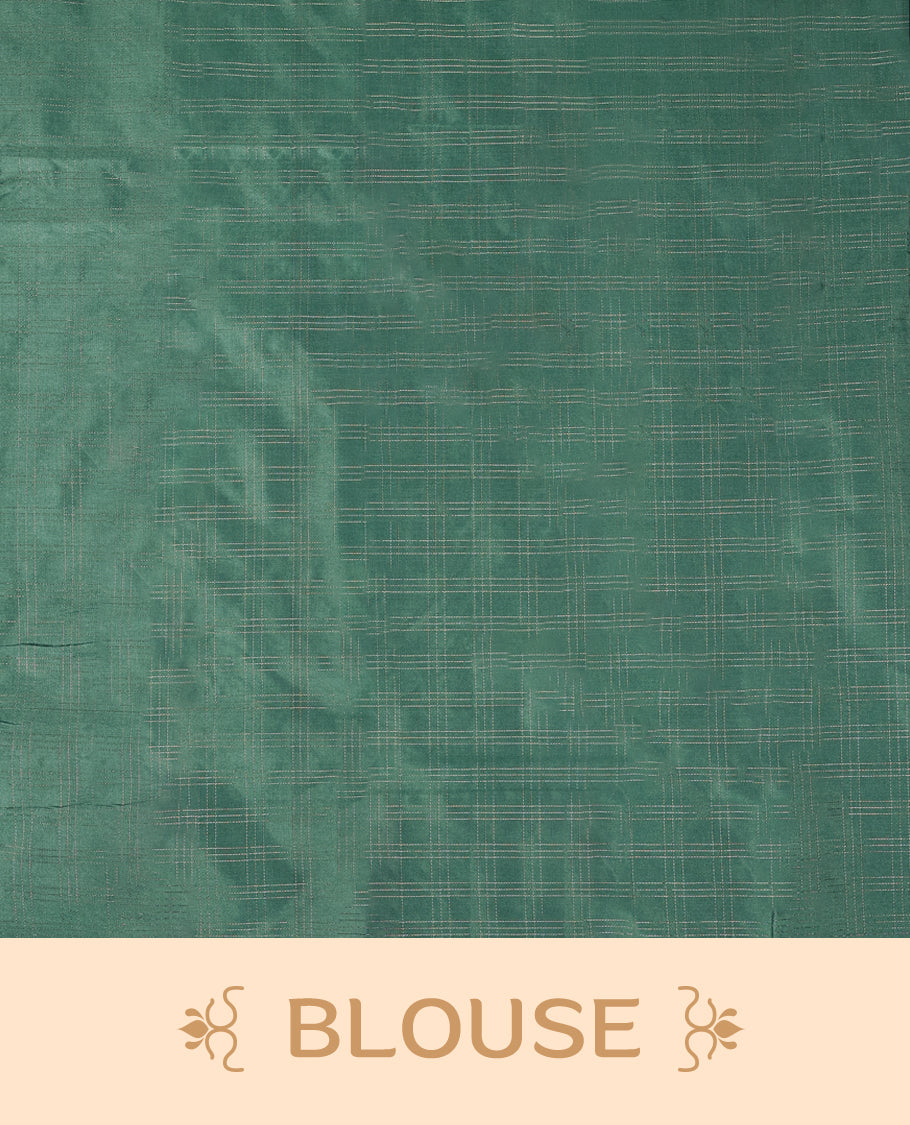 Pastel teal green Colour semi silk saree features subtle Silver zari check patterns throughout and Self Colour border, comes with a matching blouse