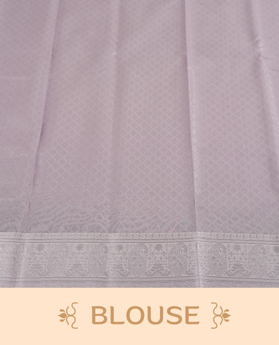 Magenta Pink colour Semi Silk Saree with Self-Checked Geometric Patterns on the Body, Contrasting Silver Zari Woven Pallu and Border Featuring Intricate Motifs and Tassels, Paired with Coordinated Blouse Piece