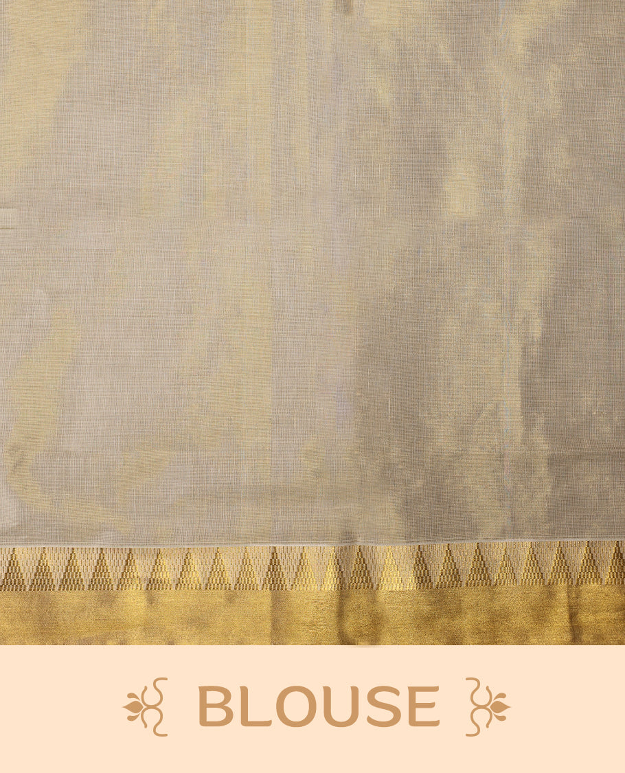 Elegant Light Gold colour Tissue Kerala saree featuring Gold Zari Motifs on body, traditional golden zari kasavu border & Rich Pallu offering a classic and graceful look, paired with a matching blouse.