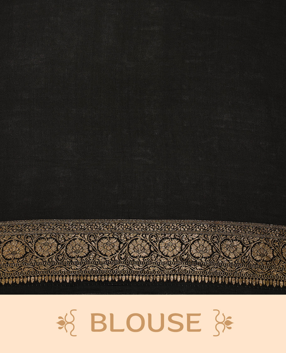 Black colour pure Banarasi georgette saree featuring gold zari Flower Motifs all over the body, complemented by an intricate gold zari Floral Kodi Worked border and pallu, with matching blouse.