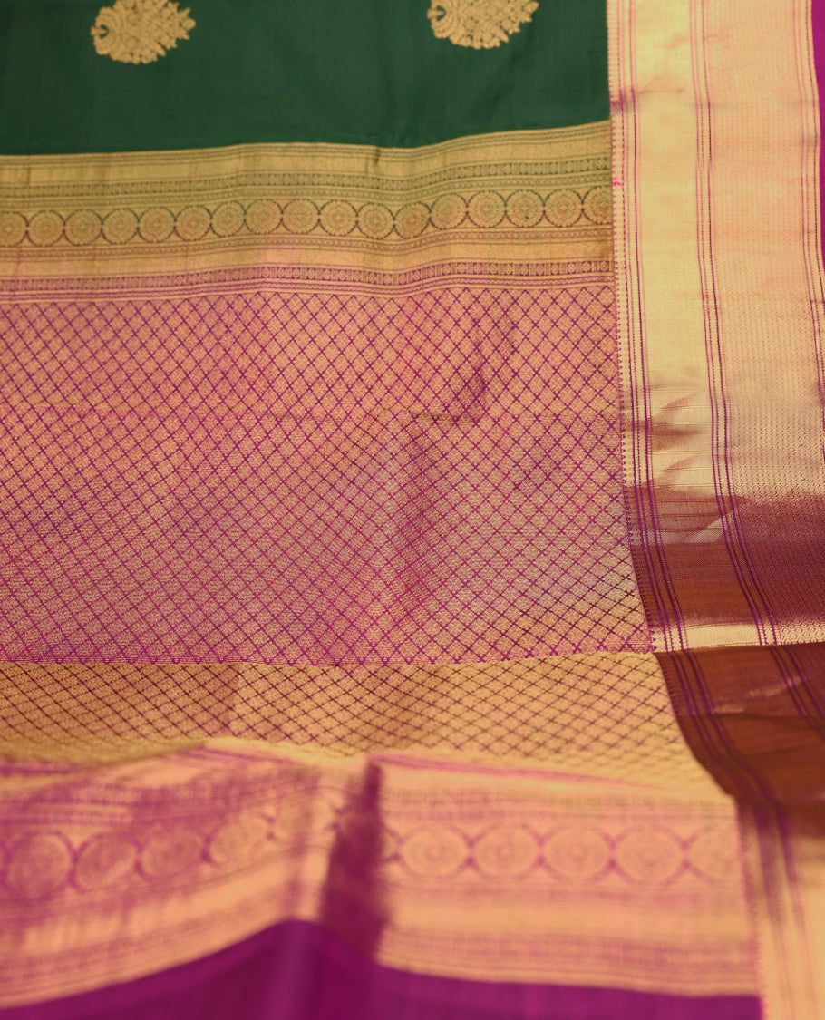 Green Colour Vasundhara Silk Saree having Golden Thread Buttas in Body with Contrast Border and Blouse