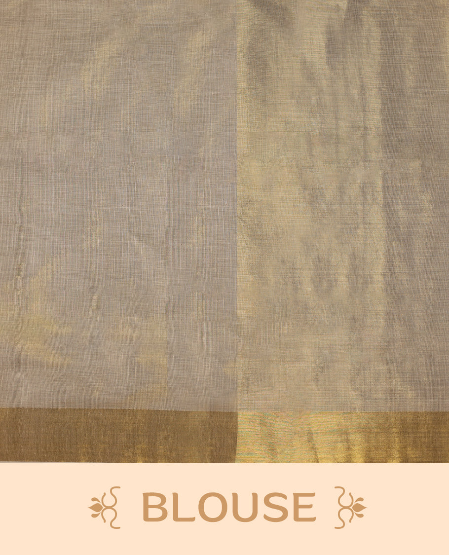 Elegant Light Gold colour Tissue Kerala saree featuring gold zari motifs on body, traditional golden zari kasavu border & Rich Pallu offering a classic and graceful look, paired with a matching blouse.