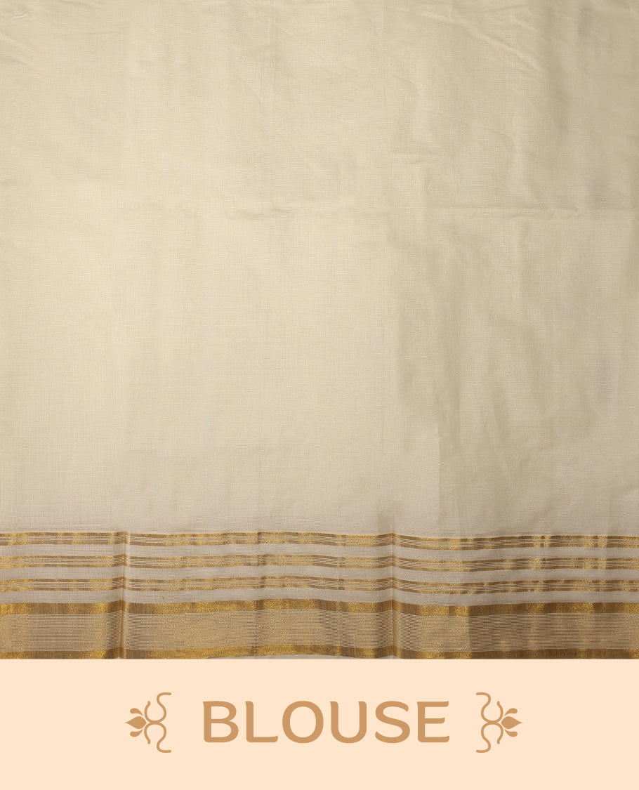 Elegant Off white colour cotton Kerala saree featuring Plain body, Gold zari fancy kazavu border, Rich Pallu paired with matching blouse.