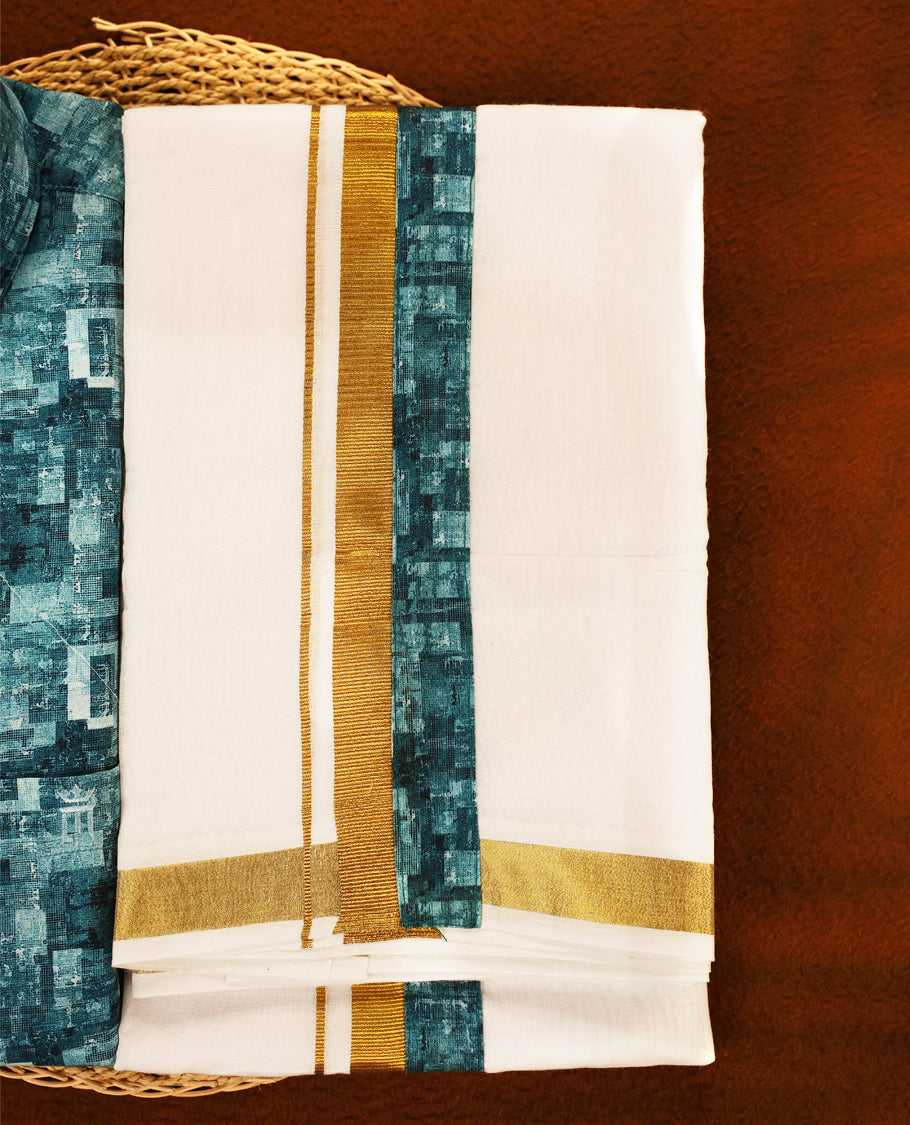 Pastel Aqua colour MCR full sleeve shirt featuring all over abstract prints, paired with a white dhoti adorned with a rich golden zari kara and a matching printed border.