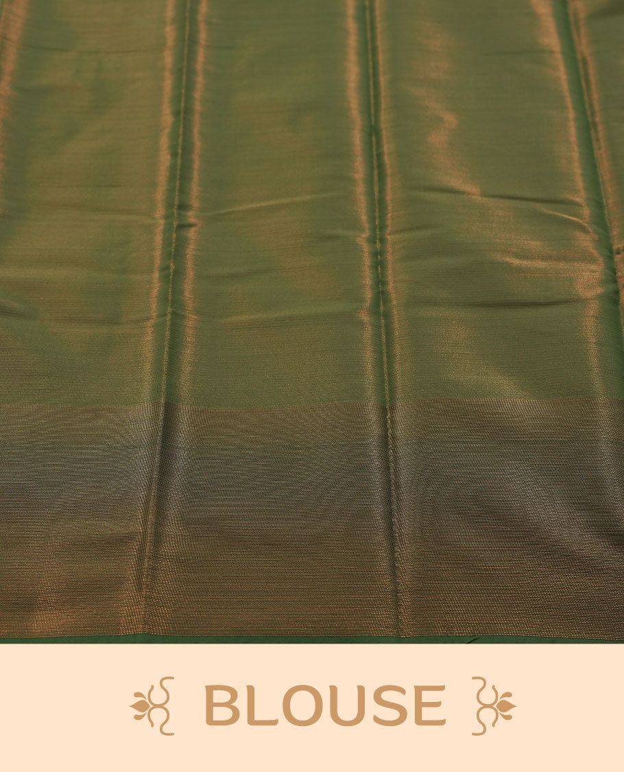 Plum colour semi silk saree featuring neem zari Brocade Pattern all over the body, complemented by a Self Colour woven border with detailing with contrast green Colour Pallu & blouse.