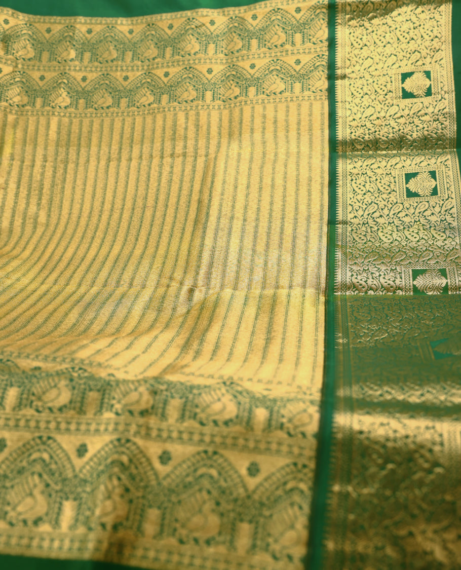 Cream Colour Vasundhara Silk Saree having Golden Thread Buttas in Body with Green Colour Border and Blouse