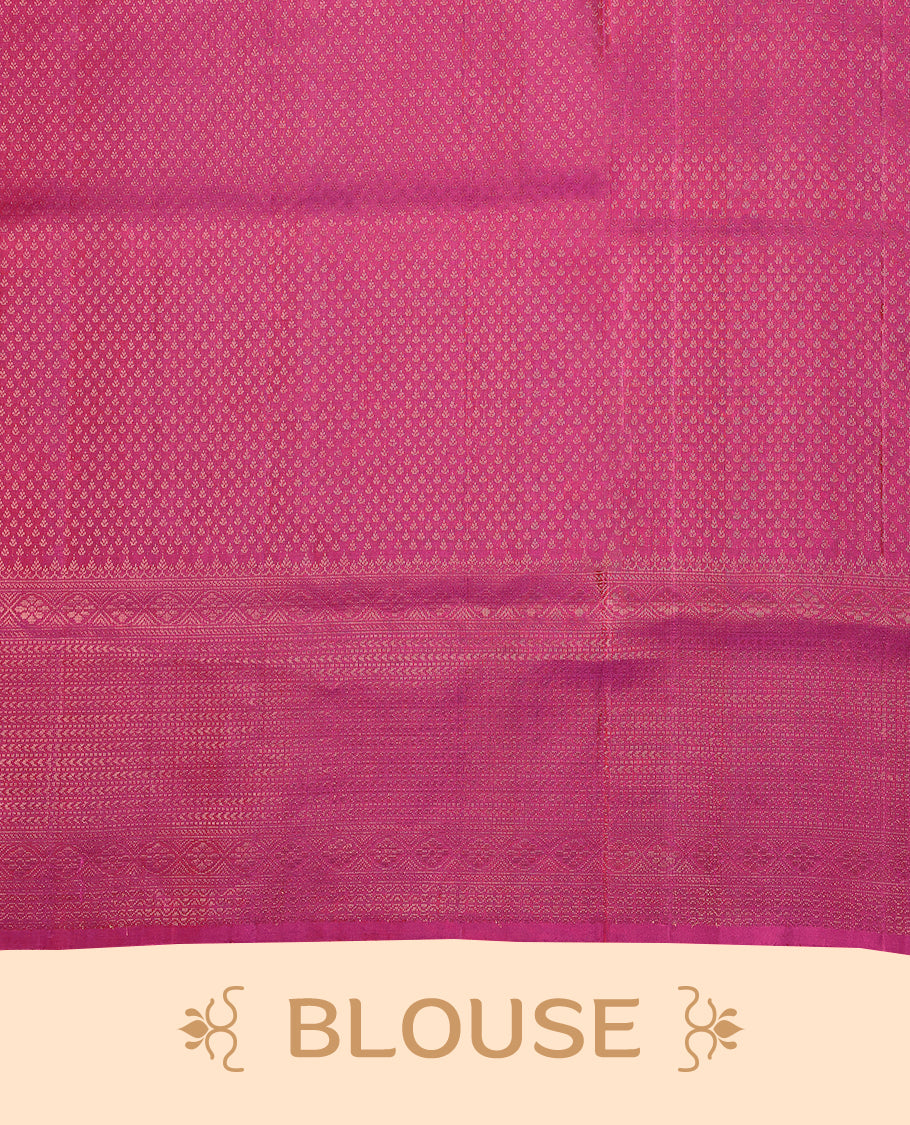 Deep magenta colour pure Mayuri silk saree featuring finely woven Golden zari motifs across the body, detailed with a subtle geometric self border with intricate texture, with matching blouse