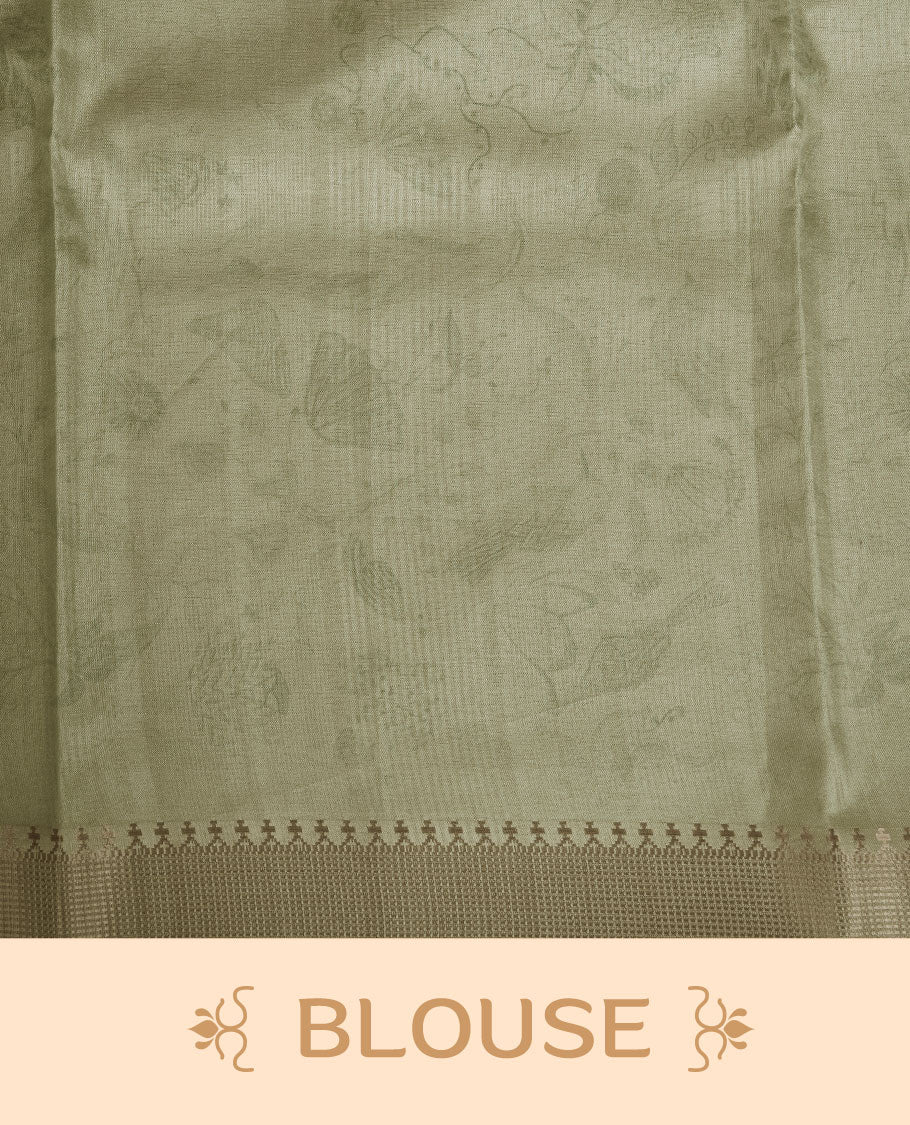 Light green colour semi tussar silk saree featuring all over floral and leaf motifs on the body with a subtle self border and tasselled pallu, paired with a matching blouse.
