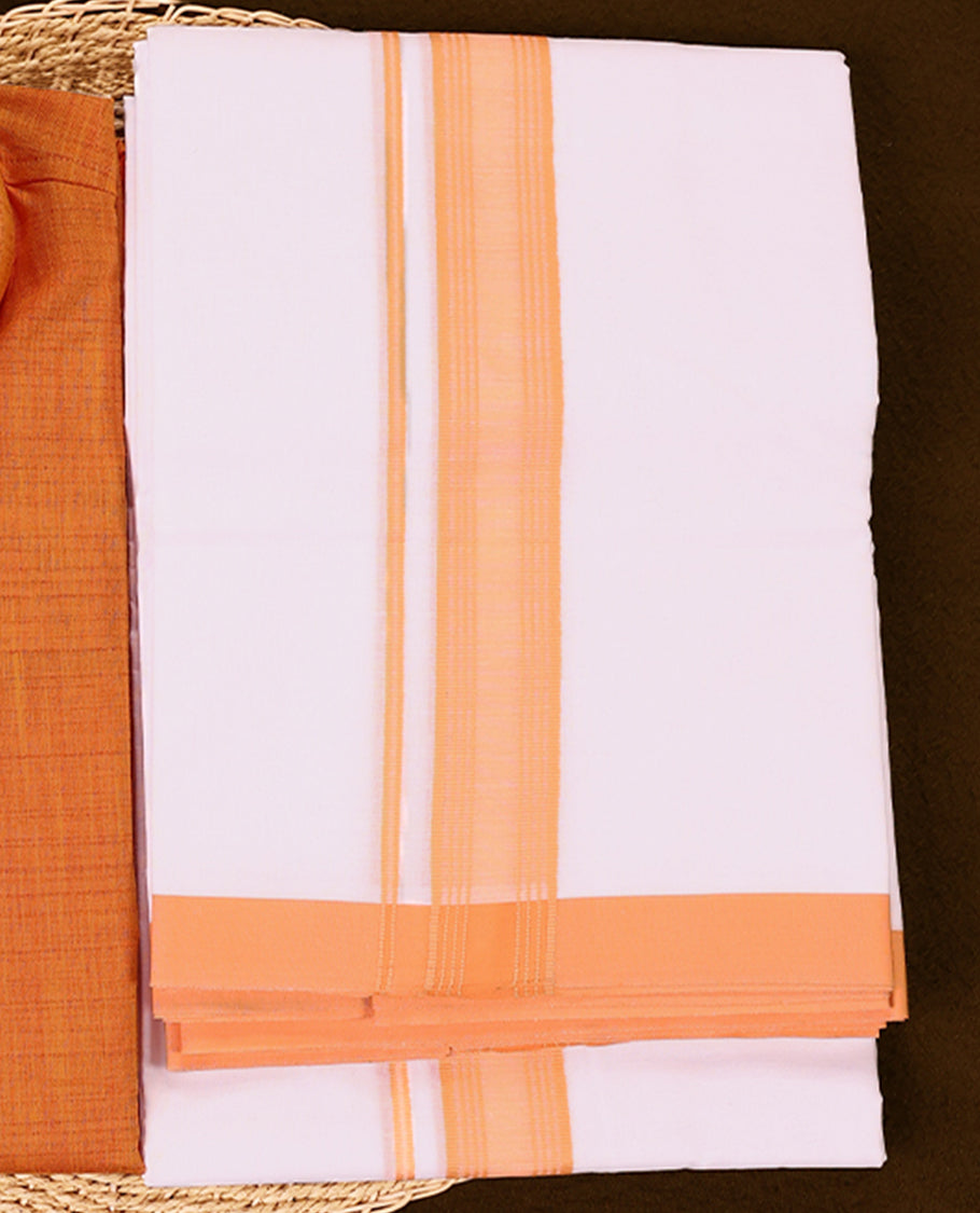 Bright orange short kurta and white dhoti set featuring a coordinated orange zari border crafted for a cheerful and traditional appearance perfect for festive occasions