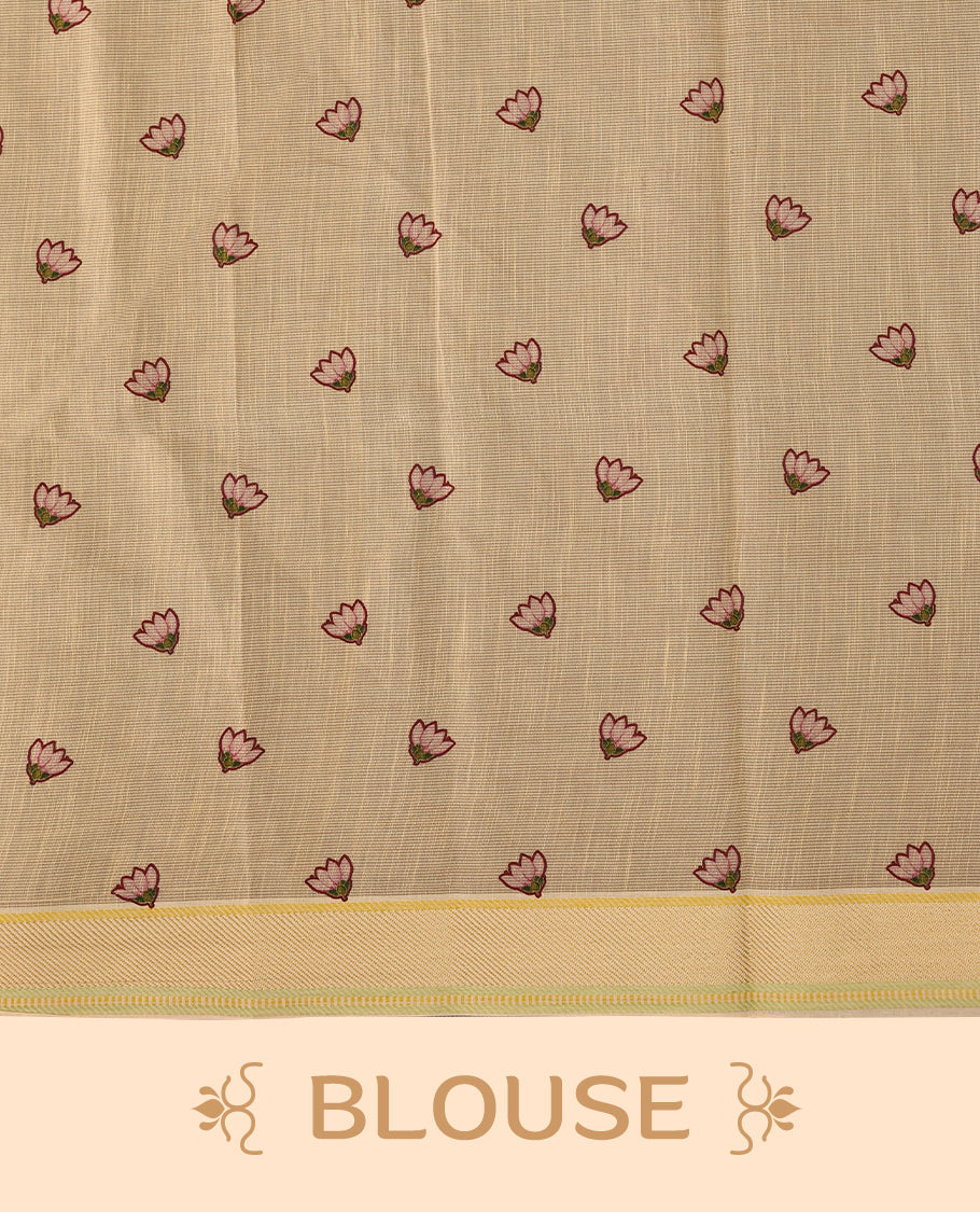 Beige and maroon Colour lightweight khadi cotton saree with earthy-coloured digital floral prints on the Body and pallu, paired with a matching blouse.