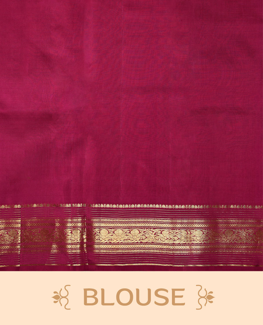 Araku colour pure Kancheepuram saree with gold zari small chackra motifs on the body traditional border with Meena mango motifs grand pallu with Vangi design paired with matching blouse