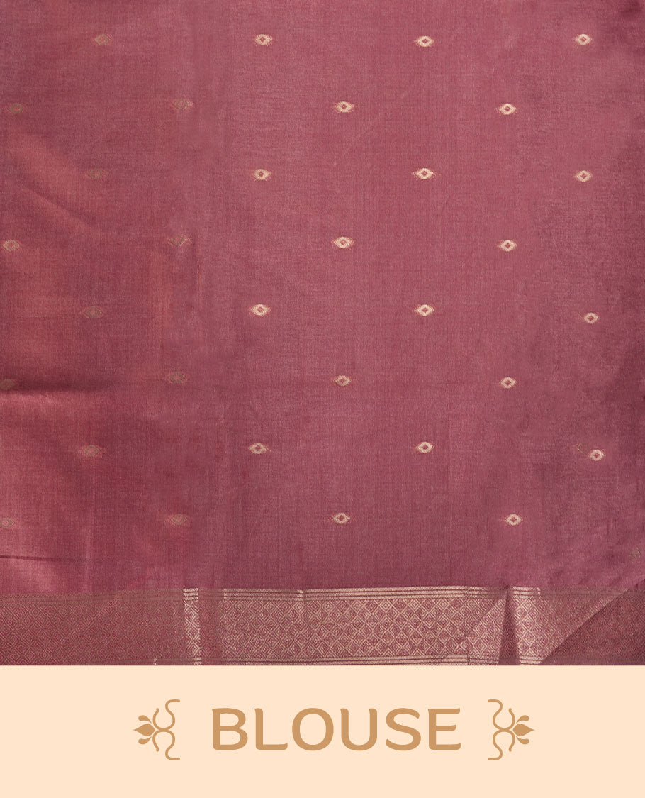 Dusty rose and silver colour semi tussar Banarasi saree featuring printed parrot and floral motifs, zari diamond buttas, a geometric gray-red zari border, and a matching blouse with woven accents.