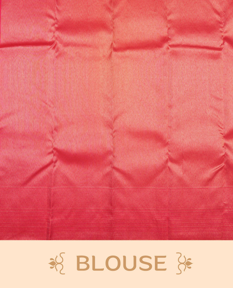 Rani pink colour Kanchipuram pattern Manthrakodi saree adorned with geometrical vertical lines with small diamond motifs and banarasi floral weaving on the body, edge to edge zari border and self jacquard blouse piece.