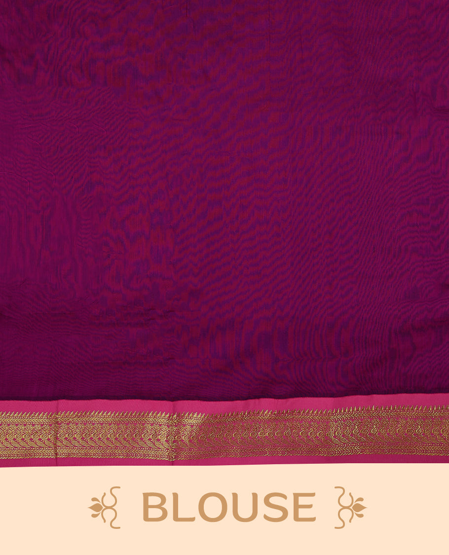 Pure Black colour mixed Kalyani cotton saree featuring Magenta zari motifs throughout the body, paired with a Magenta colour traditional border and pallu, with matching blouse