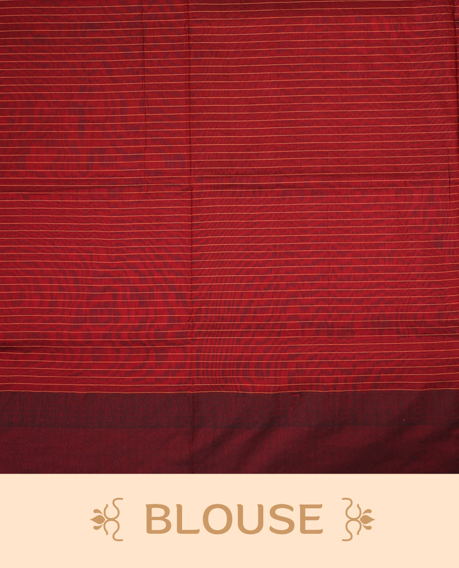 Antique Gold colour mixed Kalyani cotton saree featuring Mustard & Maroon checks throughout the body, paired with a maroon colour traditional border and pallu, with matching blouse