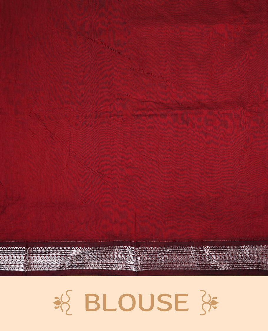 Blue colour mixed Kalyani cotton saree featuring Silver zari flower motifs throughout the body, paired with a Maroon colour traditional border and pallu, with matching blouse
