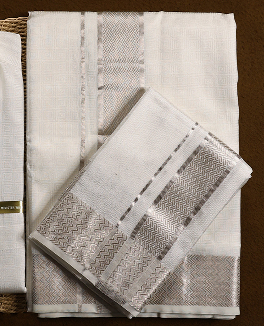 White and silver Colour silk wedding shirt, dhoti and towel set from MINISTER WHITE made from premium fabric and featuring rich zari detailing