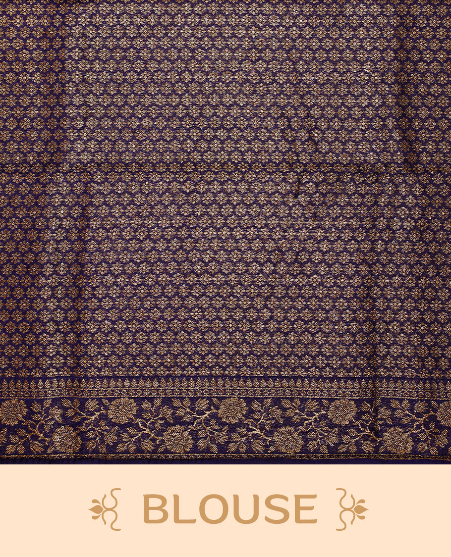 Navy Blue colour Tussar Banaras saree featuring a plain body, rich floral woven zari border and grand pallu, paired with a matching blouse for an elegant and regal traditional look.