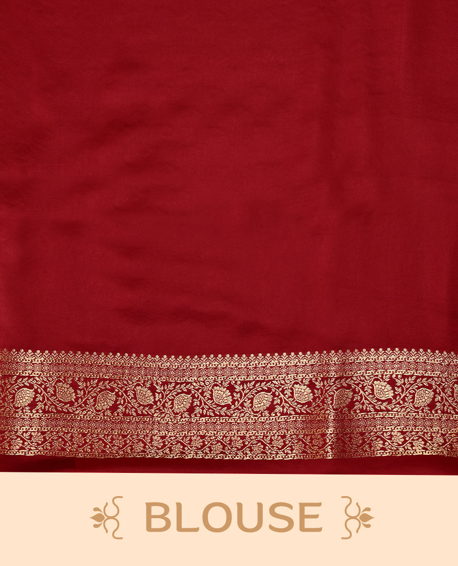 Chilli Red semi-Banaras satin crepe saree featuring traditional closely woven buttas on the body, complemented by an antique-style border and a matching self-coloured blouse.