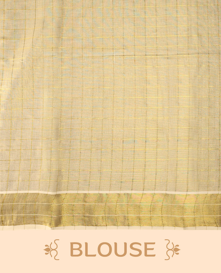 Kerala Tissue saree with fine golden Checks and Golden border with Matching Blouse