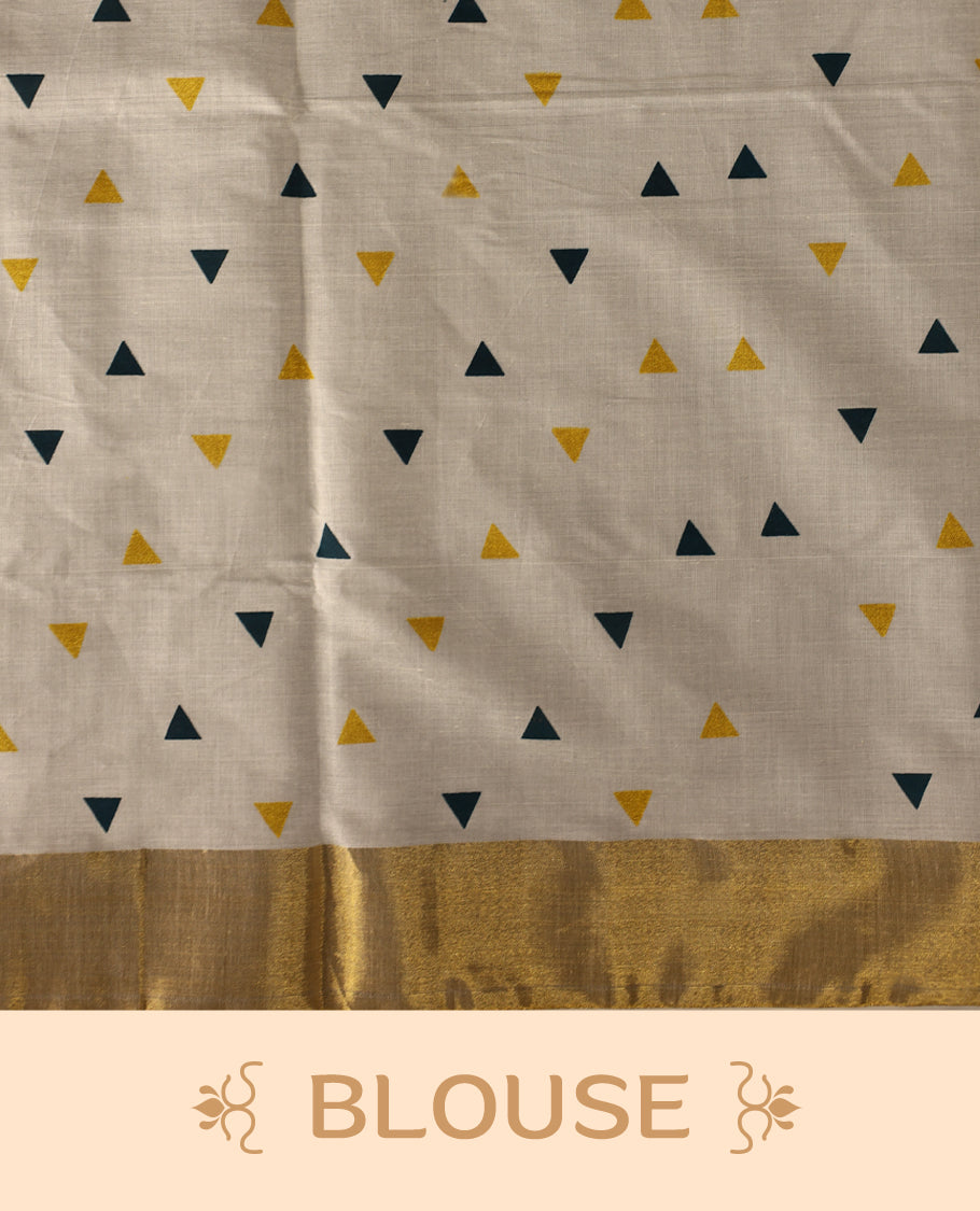 Elegant off white colour cotton Kerala saree featuring Midnight Blue and Gold Triangle prints on the body and traditional golden zari kasavu border offering a classic and graceful look, paired with a matching blouse.