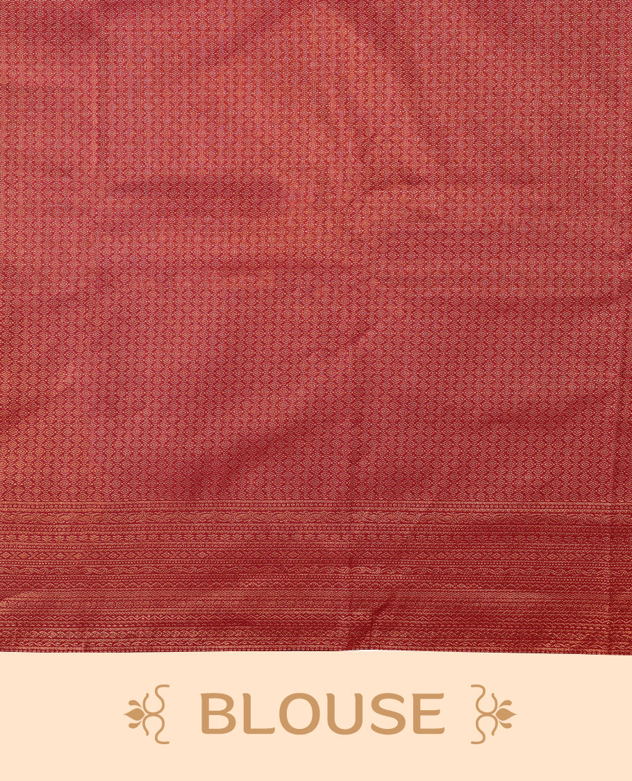 Dark Red colour Kancheepuram saree featuring an antique zari brocade body, complemented by a traditional border and a matching blouse.