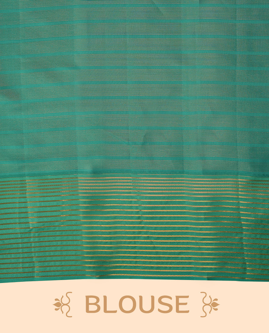 Grape coloured soft silk saree, adorned with golden zari stripes across the body, paired with a contrasting aqua-coloured border embellished with intricate golden zari work, paired with a matching contrast blouse