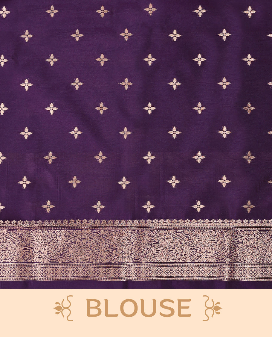 Royal Grape coloured semi silk saree featuring a Golden Zari design on the body, paired with a Self coloured border and matching blouse.