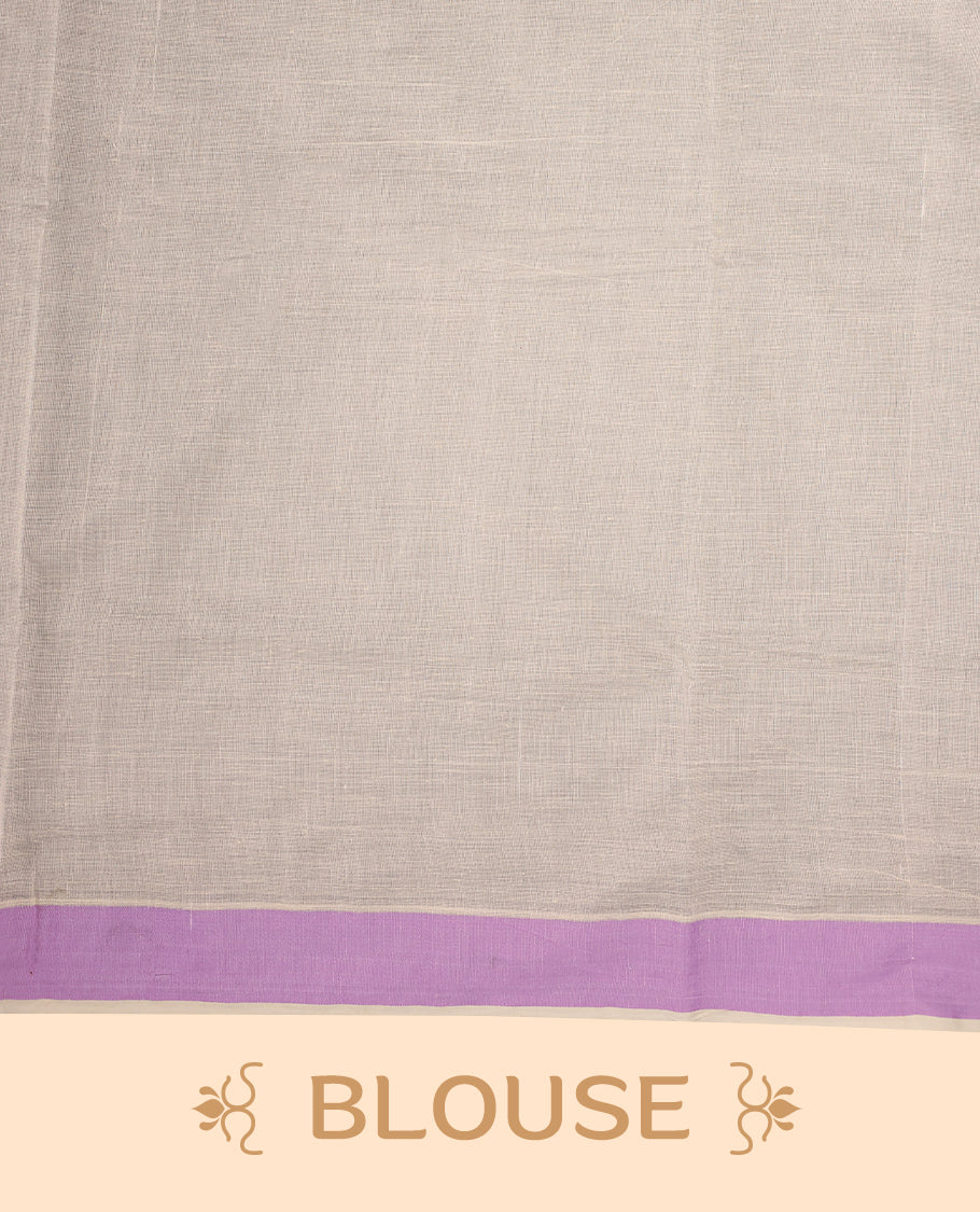Elegant off white colour cotton Kerala saree featuring Plain body, Lavender colour border with temple designs, Paired with matching blouse offering a classic and graceful look, paired with a matching blouse.