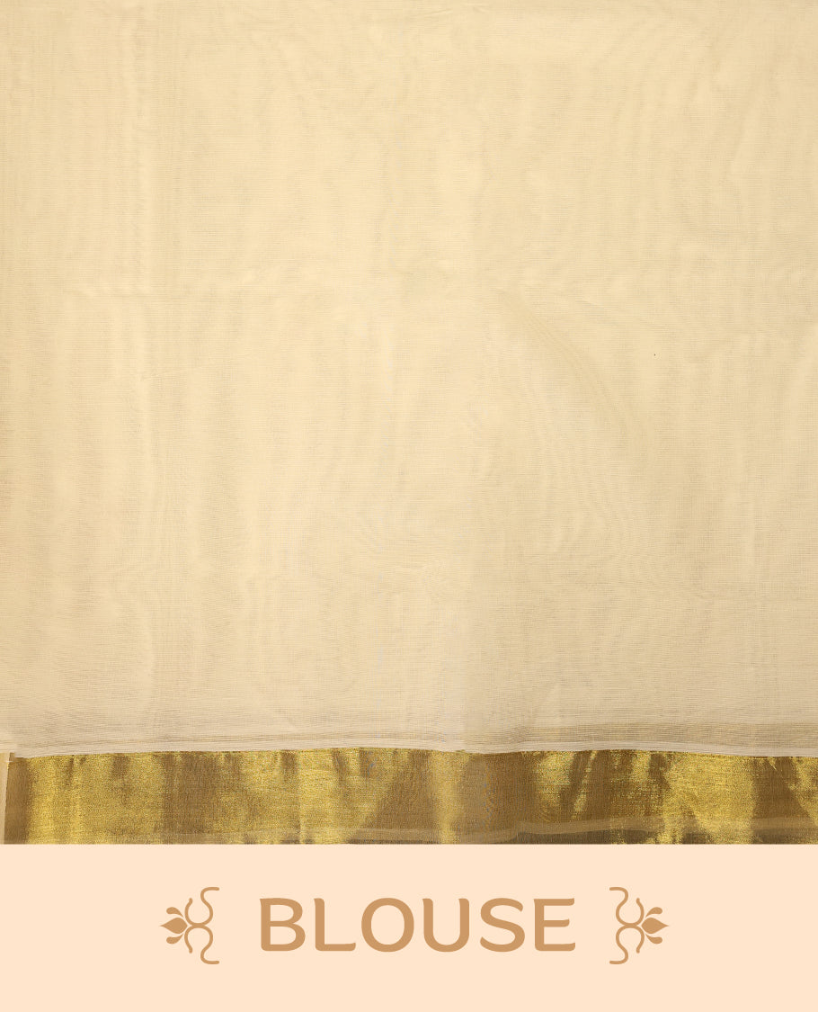 Elegant off white cotton Kerala saree with a plain body, gold zari fancy kasavu border, rich woven pallu, and matching blouse. Perfect for festive occasions and traditional celebrations.