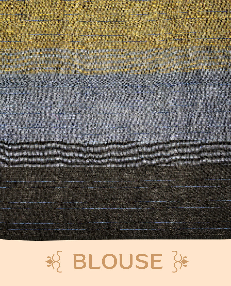Teal and blue colour pure linen saree featuring broad horizontal stripes in shades of green and sky blue, complemented by a sleek self border and comes with a matching blouse